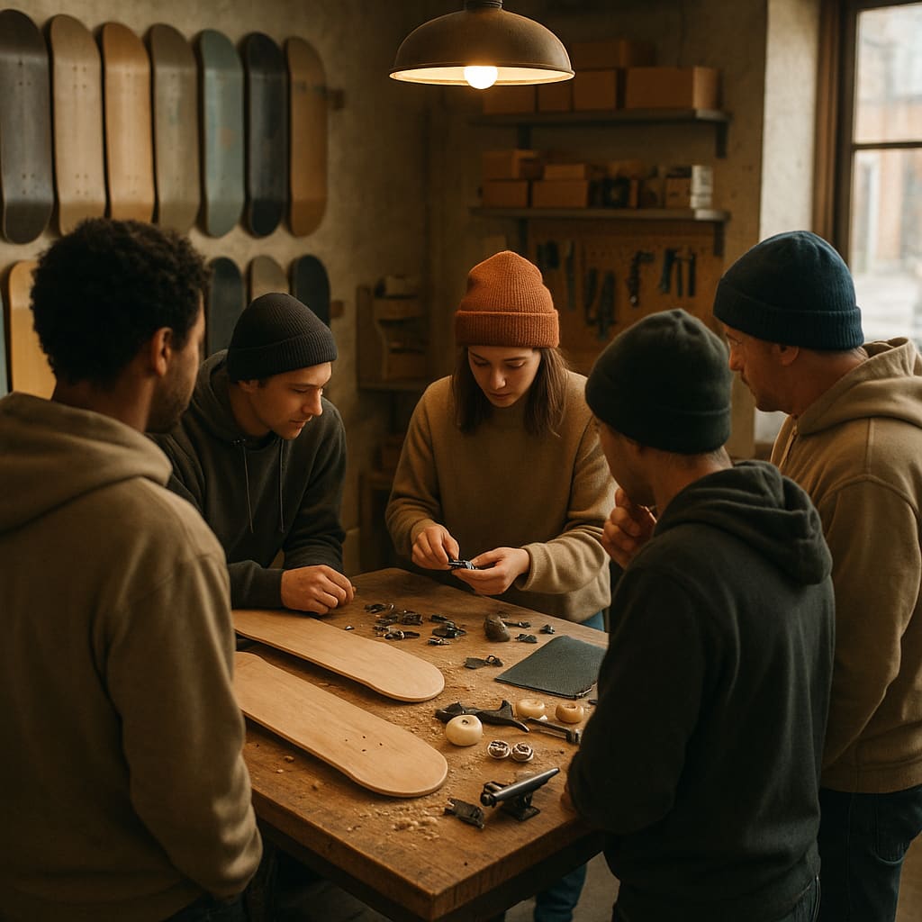 Kleine Skate-Community-Gruppe bei Workshop im Shop