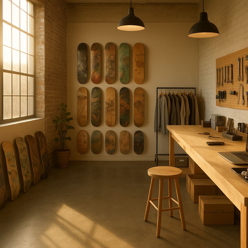 Modernes Skate-Shop-Interieur mit Deck-Wand und Werkbank