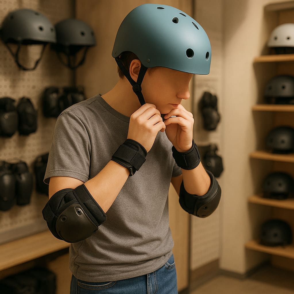 Anprobe von Helm und Schutzausrüstung im Shop