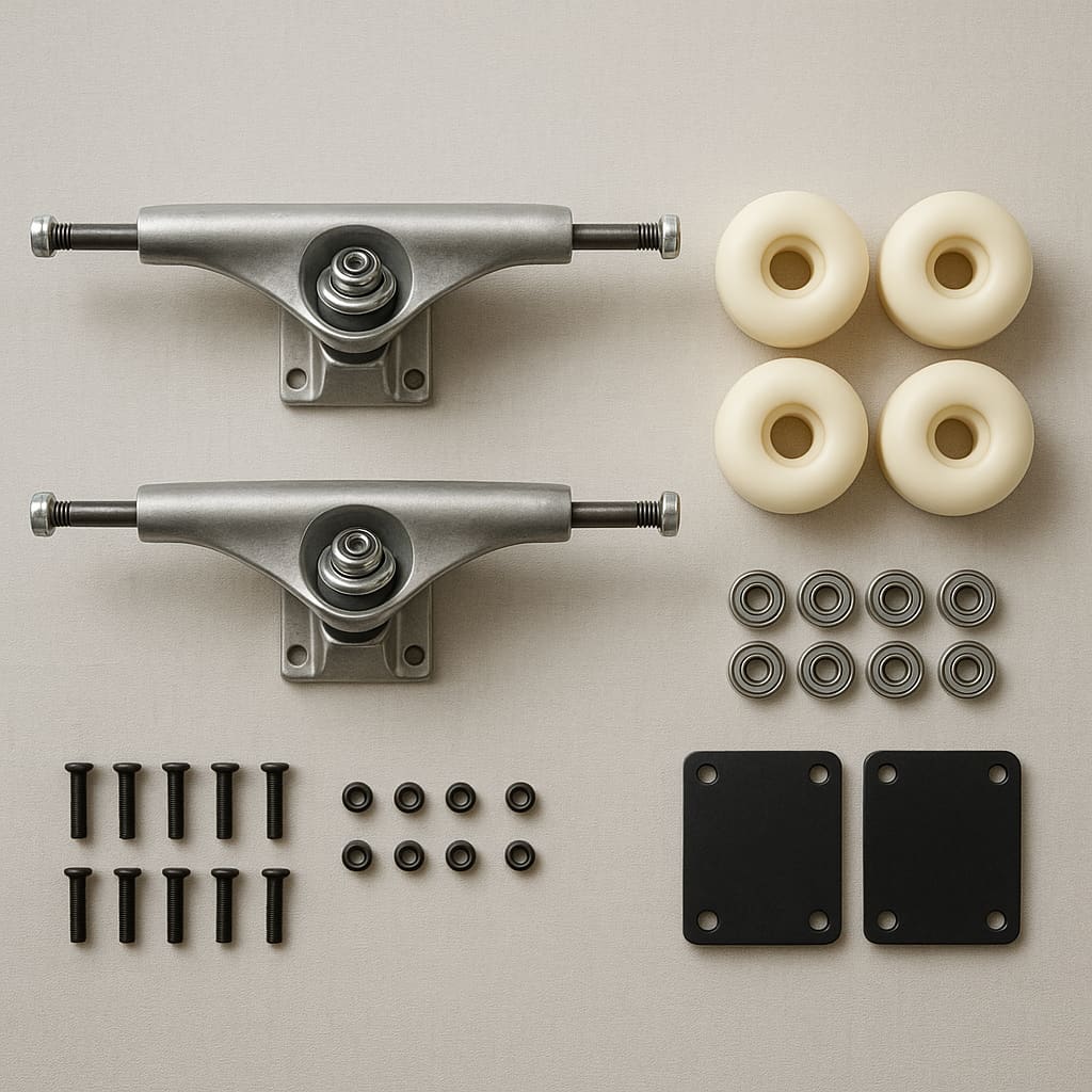 Skateboard-Teile als übersichtliches Flatlay