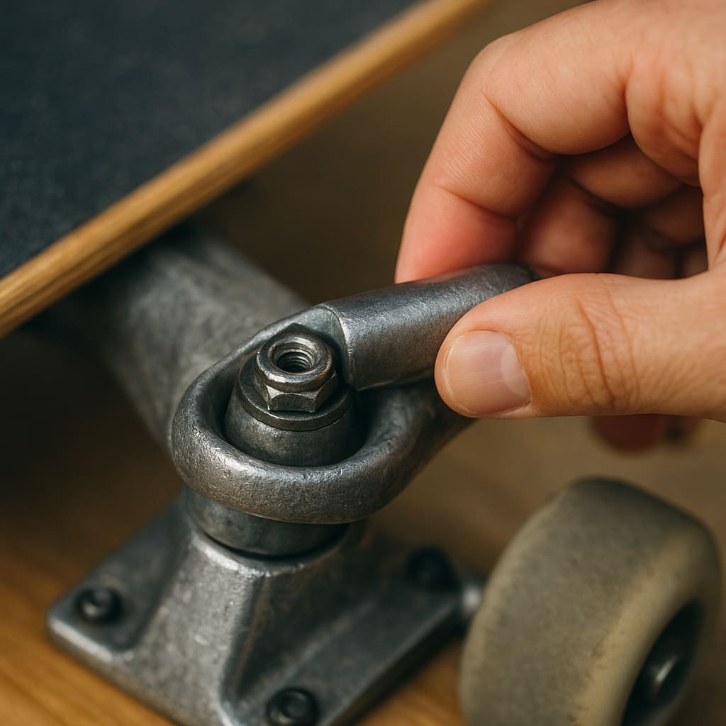 Skateboard-Truck wird mit Tool fein eingestellt