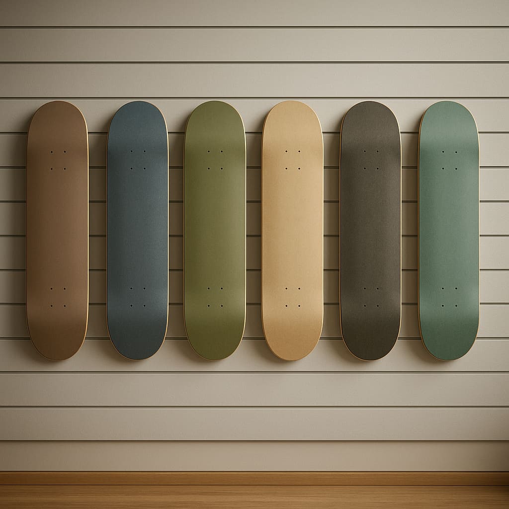 Skateboard-Decks vertikal an der Wand im Shop